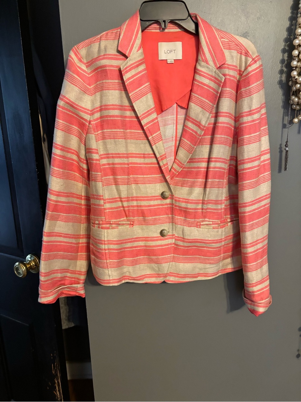 LOFT Coral Pink and Cream Striped Blazer